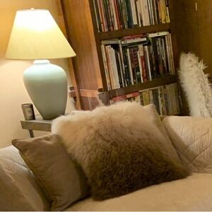 Aurelle Home 22” ombré cream and brown Mongolian lamb fur throw pillow, as new!!